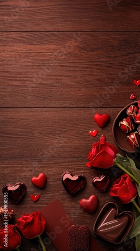 Romantic Arrangement with Red Roses, Hearts, and Chocolate Treats
