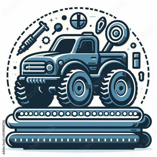 Stylish monster truck illustration with tools and mechanical elements on a light background