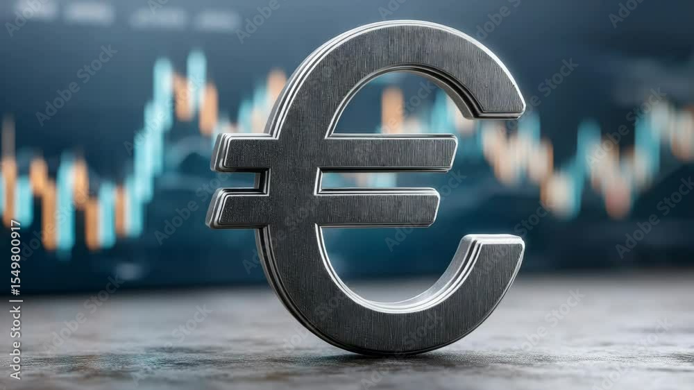 Euro symbol with financial chart background in focused movement over concrete surface