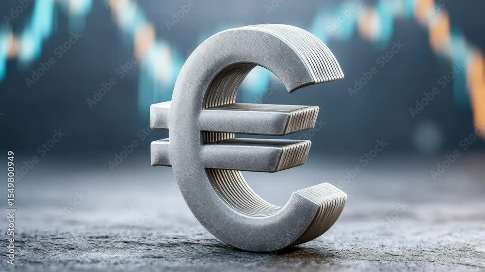 Metallic euro symbol against dynamic financial market background in motion