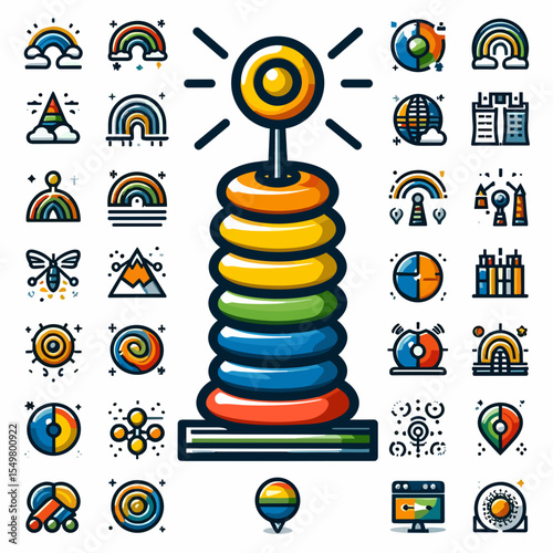 Colorful stacking toy with rainbow elements and playful designs on a white background