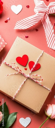 Gift Box with Red Hearts and Roses on Pink Background for Celebration