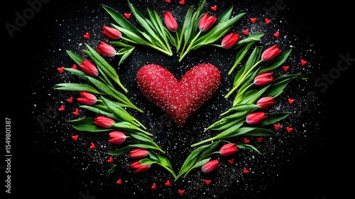 Heart of Red Tulips and Shiny Hearts in Romantic Floral Arrangement
