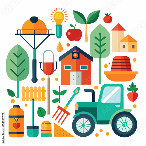Collection of agricultural icons featuring a tractor crops and farming elements