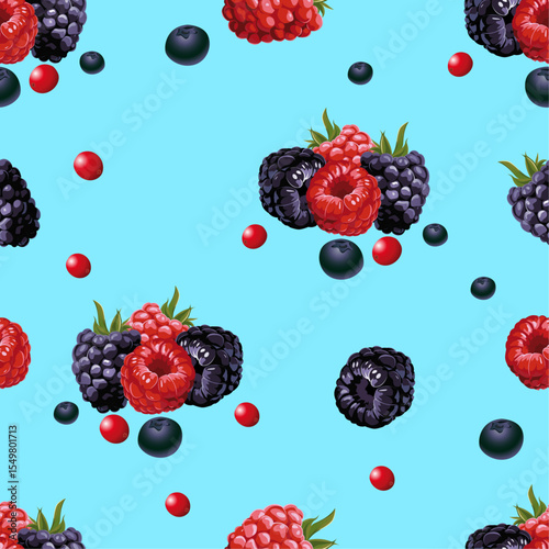 seamless pattern of juicy bright multicolored raspberries and blackberries on a blue background.Isolated, close-up