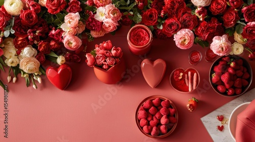 Romantic Floral Arrangement with Red and Pink Roses and Strawberries