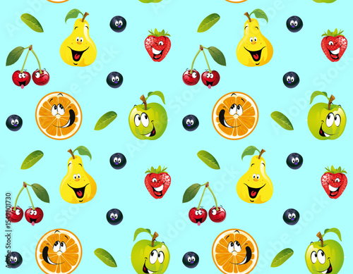 Seamless pattern of juicy, bright, cheerful, smiling cartoon fruits and berries for children on a biue background