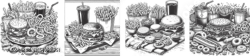 Fast Food Feast Illustration on Towel in Black Color – Halftone Stipple Dotted Vector Art Bundle Featuring Burgers, Fries, Pizza, Soda – Retro Graphic Print Design Set