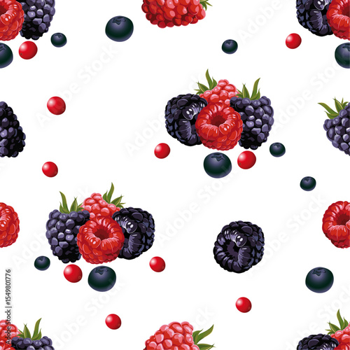 seamless pattern of juicy bright multicolored raspberries and blackberries on a transparent background.Isolated, close-up