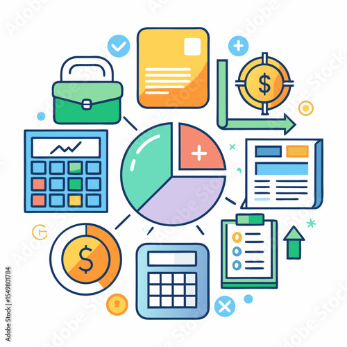 Financial management and budgeting icon set featuring calculator and financial symbols for business and accounting