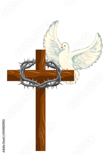 wooden Christian cross with a crown of thorns and a white dove symbol of the spirit on a  transparent background