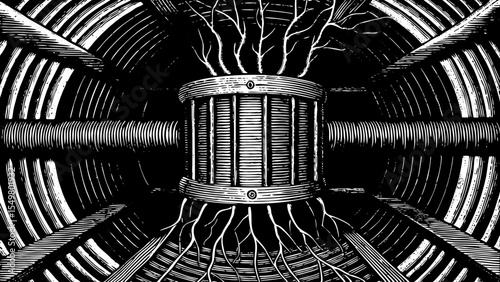 fusion reactor core surrounded by magnetic rings and plasma coils, a black and white sketch vector hand drawn