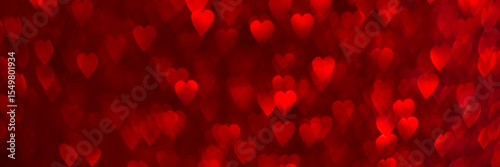 Red hearts, sparkling glitter bokeh background banner, valentines day abstract defocused texture header