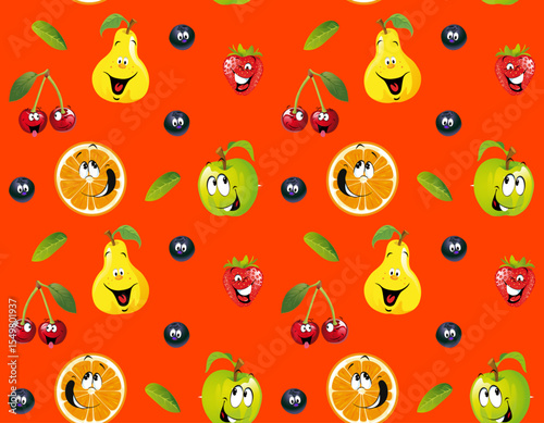 Seamless pattern of juicy, bright, cheerful, smiling cartoon fruits and berries for children on a red background