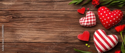 Colorful Hearts on Rustic Wooden Background for Valentine's Day