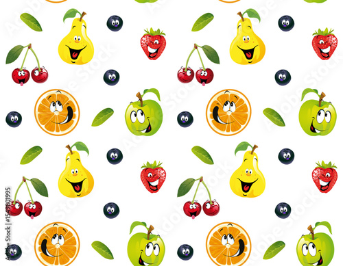 Seamless pattern of juicy, bright, cheerful, smiling cartoon fruits and berries for children on a transparent background