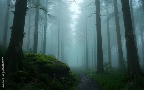 Misty forest scene, tall trees, mossy rock, lush vegetation, evokes tranquility and mystery, ideal for nature or fantasy themes. High quality