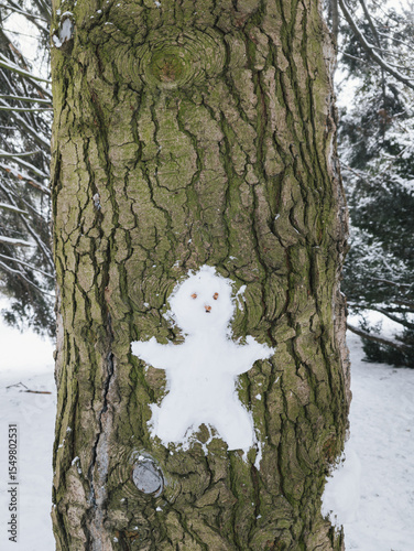 Snowman figure created on tree bark, surrounded by snow in winter landscape