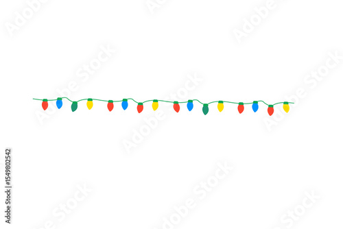 Colorful seamless holiday string lights vector. Glowing festive garland for Christmas, party, banners, invitations, PNG
