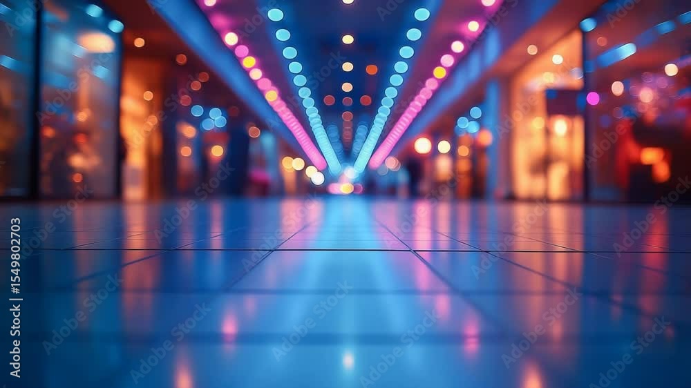 Futuristic corridor with neon lighting in blue and pink tones. Symmetry, reflections and perspective depth create the impression of a high-tech space of the future.