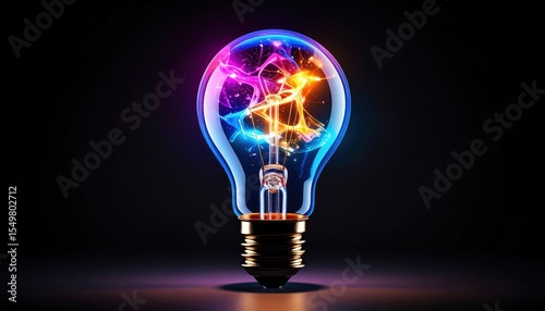Vivid lightbulb bursts with cosmic energy, illuminating creative innovation