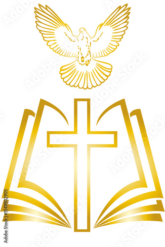 Christian shining golden cross and a dove symbol of the spirit on the background of an open book glowing with golden light a transparent background