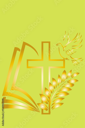 Christian cross, a dove symbol of the spirit and  palm branch with a golden gradient on a green background