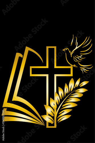 Christian cross, a dove symbol of the spirit and  palm branch with a golden gradient on a black background