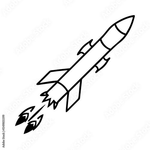 Rocket Icon Outline Vector | Black and White Missile Clipart | Space Shuttle Drawing | Simple Line Launch Illustration | Retro Cartoon Jet Symbol