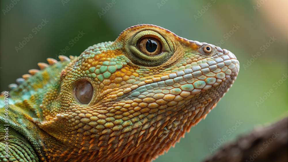 Fototapeta premium Detailed close-up of a vibrant lizard's head with textured scales