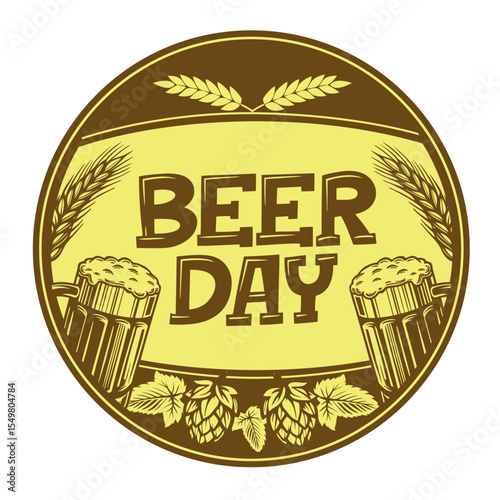 Vintage-style Beer Day label with hop cones, wheat, and beer mugs. Perfect for brewery branding, bar posters, Oktoberfest events, and craft beer promotions.