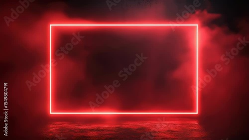 Dynamic red neon frame illuminated by misty atmospheric light and smoke in dark room