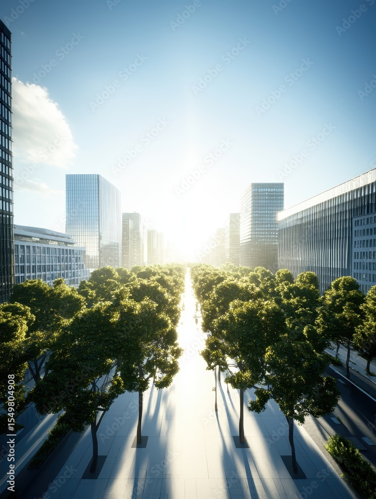 Fototapeta premium Urban Landscape with Sunlight, Tall Buildings and Green Trees