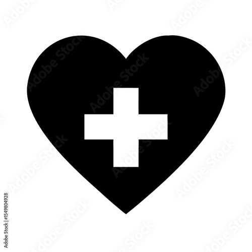 Medical Heart Health Icon | First Aid Cross in Heart Symbol | Black Vector Clipart for Healthcare, Hospital, Emergency, or Wellness Designs