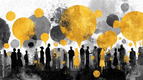 Abstract crowd illustration with golden speech bubbles symbolizes conversations and information exchange