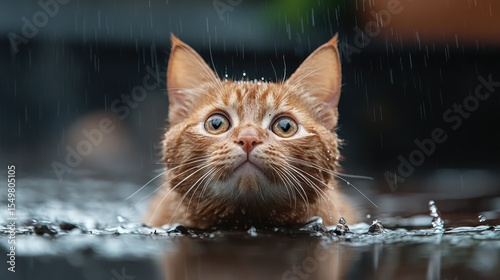 An orange cat gazes intently while being drenched in rain, showcasing the resilience and vulnerability of animals facing challenging weather conditions, creating a poignant atmosphere.