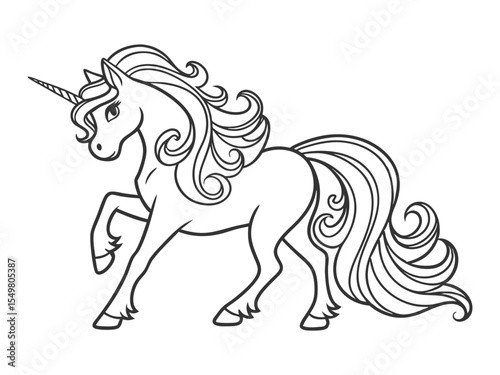 Unicorn pony with a horn and long mane, fantasy theme, coloring book page, coloring book, outline, SVG vector art, isolated on a white background 