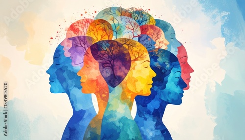 Watercolor silhouettes representing the interconnectedness of human minds and nature