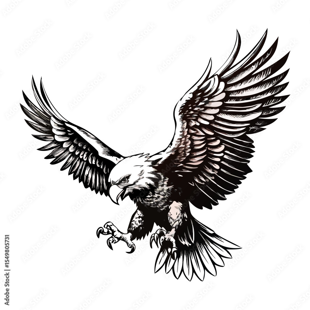 Obraz premium Fierce Eagle in Mid-Attack Pose – Black and White Vector Illustration of Wild Bird with Spread Wings and Talons | Symbol of Power, Freedom, and Strength