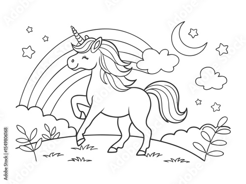 Unicorn pony with a horn and long mane, fantasy theme, coloring book page, coloring book, outline, SVG vector art, isolated on a white background 