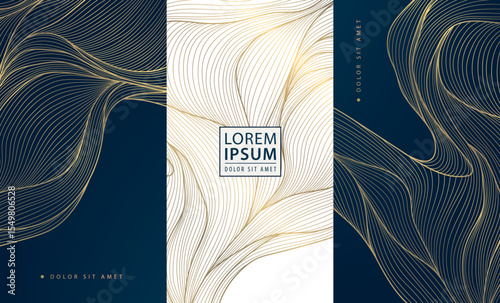 Vector set of abstract wave golden luxury pattern. Line elegant premium posters, wine label, curve menu graphic, silk banners. Water, ocean brochures, package templates