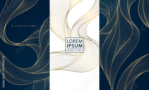 Vector set of abstract wave golden luxury pattern. Line elegant premium posters, wine label, curve menu graphic, silk banners. Water, ocean brochures, package templates