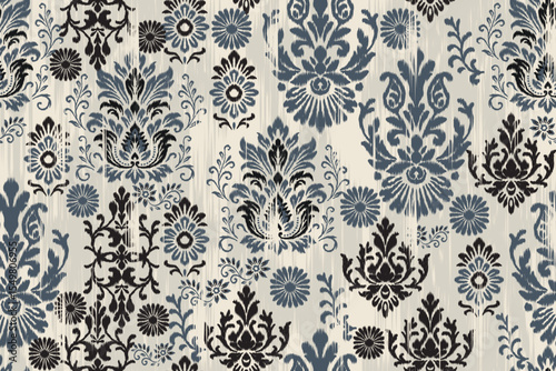 Seamless ikat floral pattern with damask and embroidery elements in ethnic traditional style, vintage abstract texture illustration for textile fabric clothing decoration and wallpaper design.