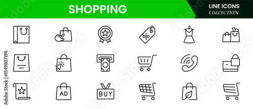 Vibrant vector web line icons depicting shopping, e-commerce, carts, payments, and seamless online retail experiences for dynamic consumer engagement.