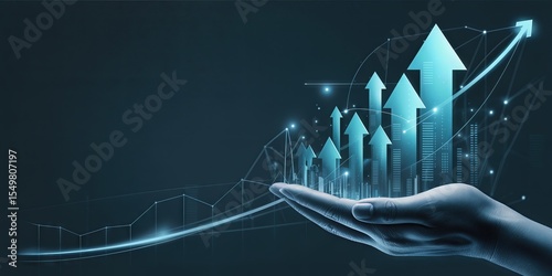 Hand holding glowing upward arrows with digital graphs and futuristic technology connections