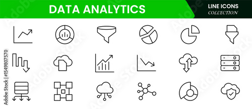 Insightful vector web line icons depicting data analytics, big data, visualization, insights, and statistical tools for informed decision-making.
