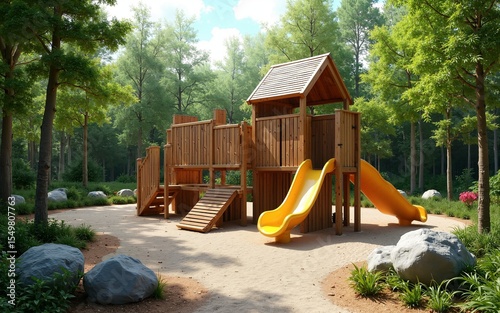Nature-themed playground with wooden structures and natural elements like rocks and logs, playground, nature playground. High quality