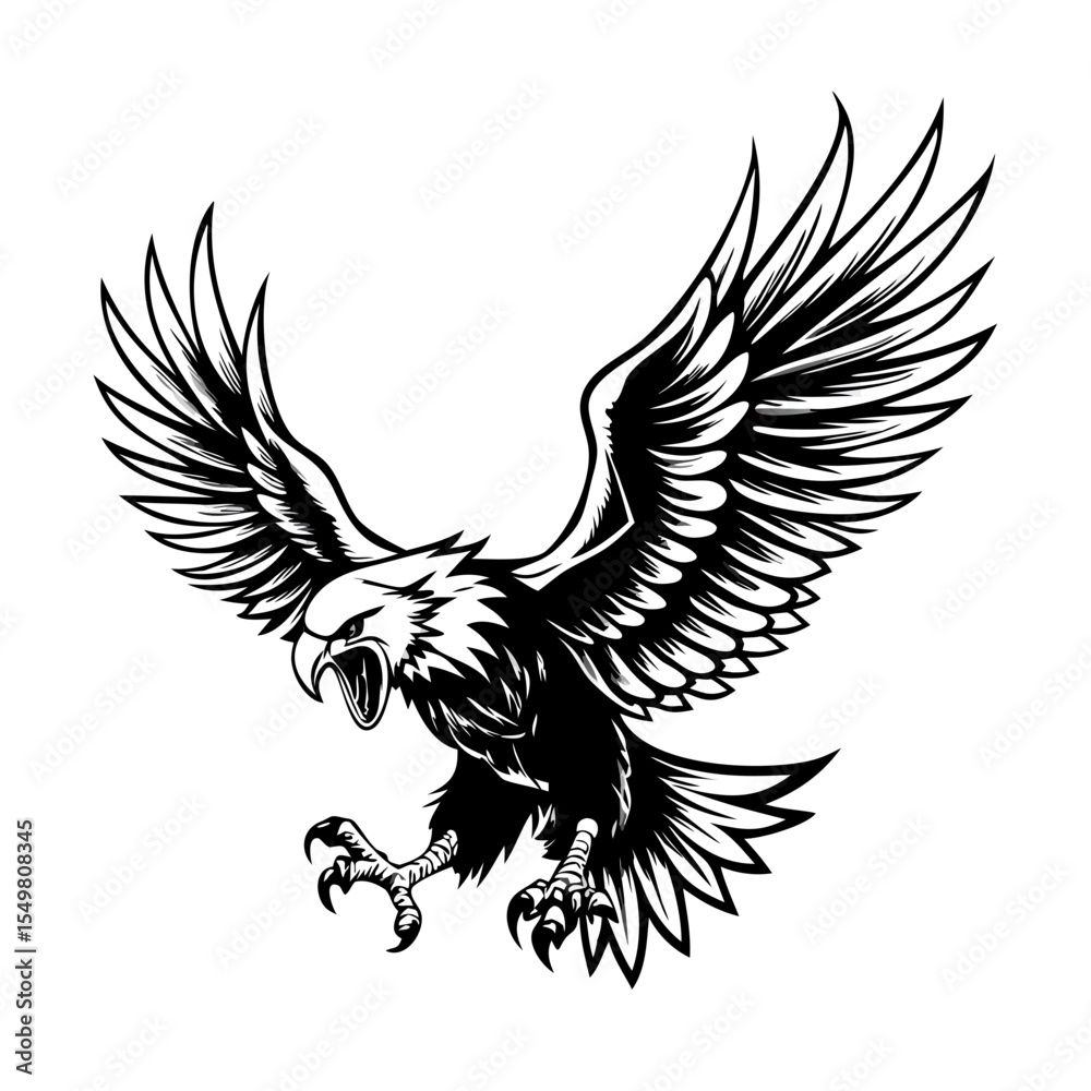 Obraz premium Fierce Eagle in Mid-Attack Pose – Black and White Vector Illustration of Wild Bird with Spread Wings and Talons | Symbol of Power, Freedom, and Strength