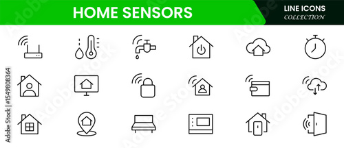 Sleek vector web line icons depicting smart home sensors, automation, security, temperature control, and connected devices for intelligent living.