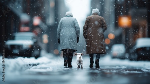 Fototapeta Naklejka Na Ścianę i Meble -  An elderly couple strolling hand in hand with their small dog through a snowy city street, creating a heartwarming scene of love and companionship amid a winter wonderland.
